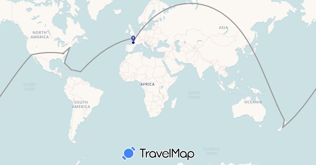 TravelMap itinerary: driving, plane in France, Haiti, Japan, New Zealand, United States (Asia, Europe, North America, Oceania)